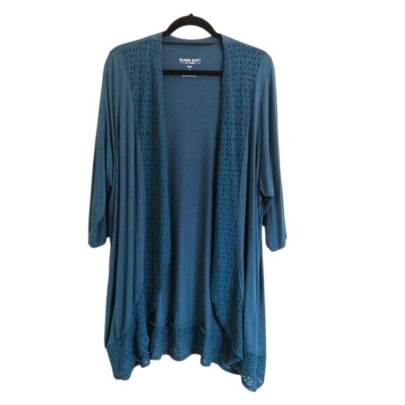 Torrid Super Soft  3/4 Sleeve Lace Trim Open Front Duster Cardigan Teal Green 3X - Picture 1 of 6
